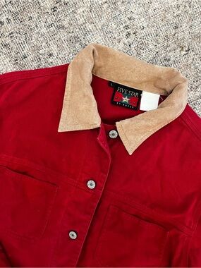 Vintage Western Americana Five Star Red Denim Chore Barn Jacket Tan Collar L